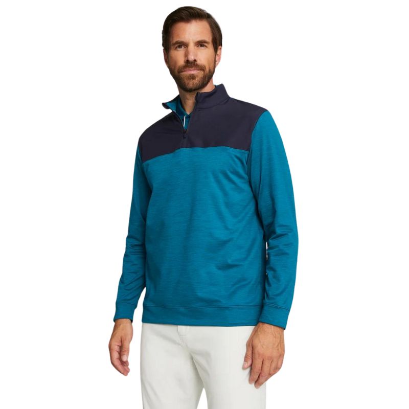 Puma CLOUDSPUN Colorblock Golf 1/4 Zip Men&#39;s Sweater Puma Navy Blazer/Pacific Green Heather MEDIUM 