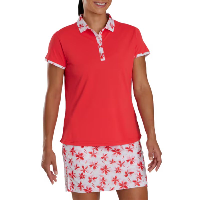 FootJoy Women&#39;s Short Sleeve Floral Trim Polo Women&#39;s Shirt Footjoy Red SMALL 