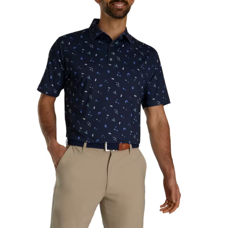 FootJoy Clam Bake Print Lisle Self Collar Polo - Previous Season Men&#39;s Shirt Footjoy Navy MEDIUM 