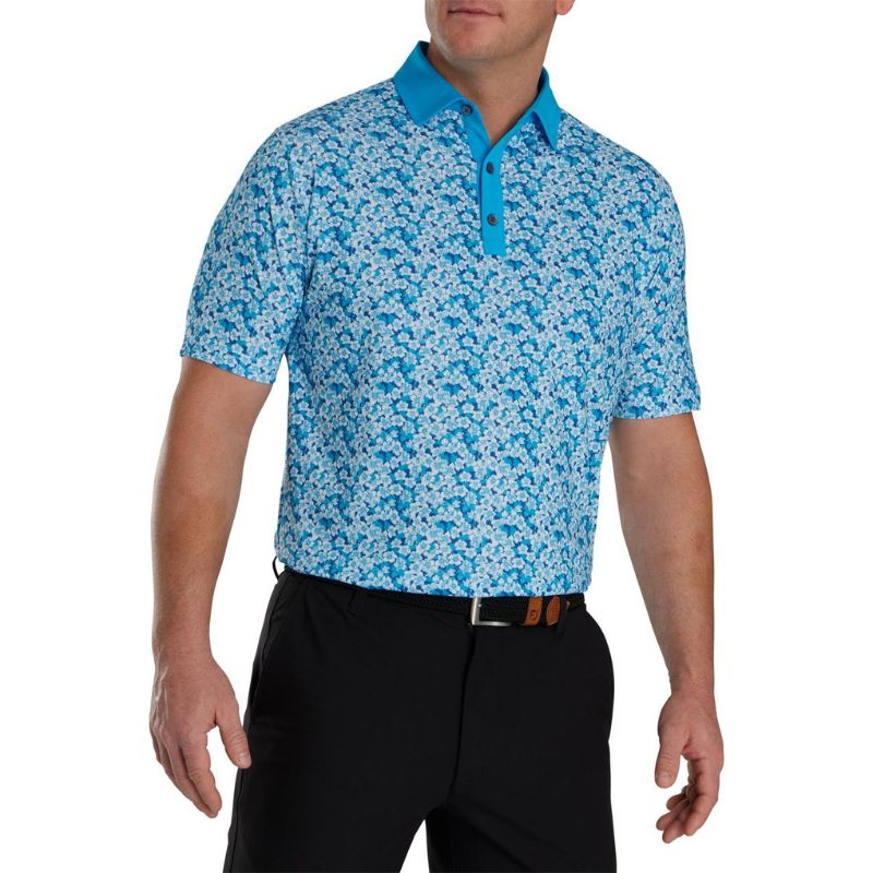 FootJoy Primrose Print Lisle Spread Collar Polo Ocean Deep Blue White