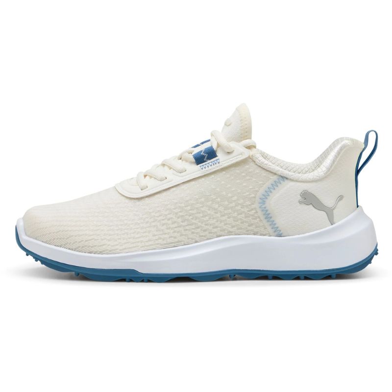 Puma Women&#39;s FUSION Crush Sport Spikeless Golf Shoes Warm White Blue Horizon Court Yellow Medium