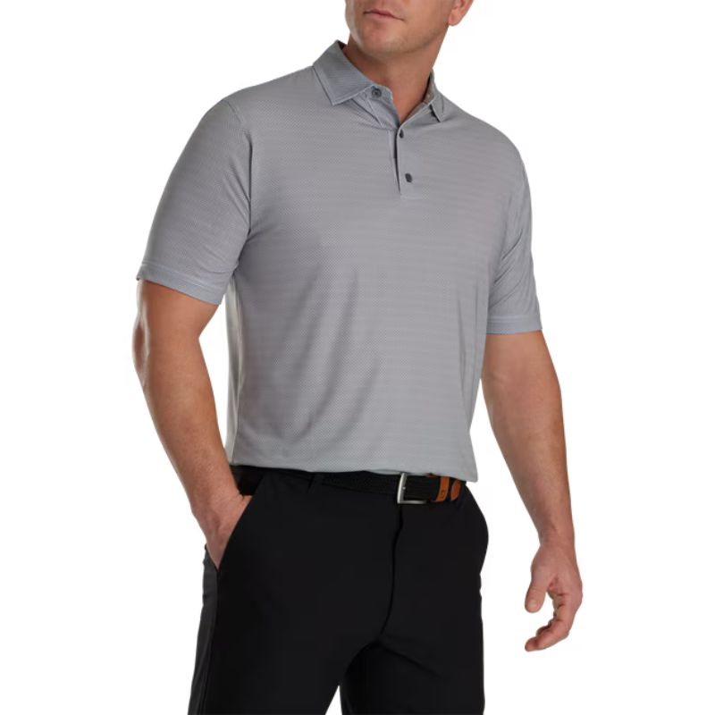 FootJoy Octagon Print Lisle Spread Collar Polo White Grey Cliff Gravel