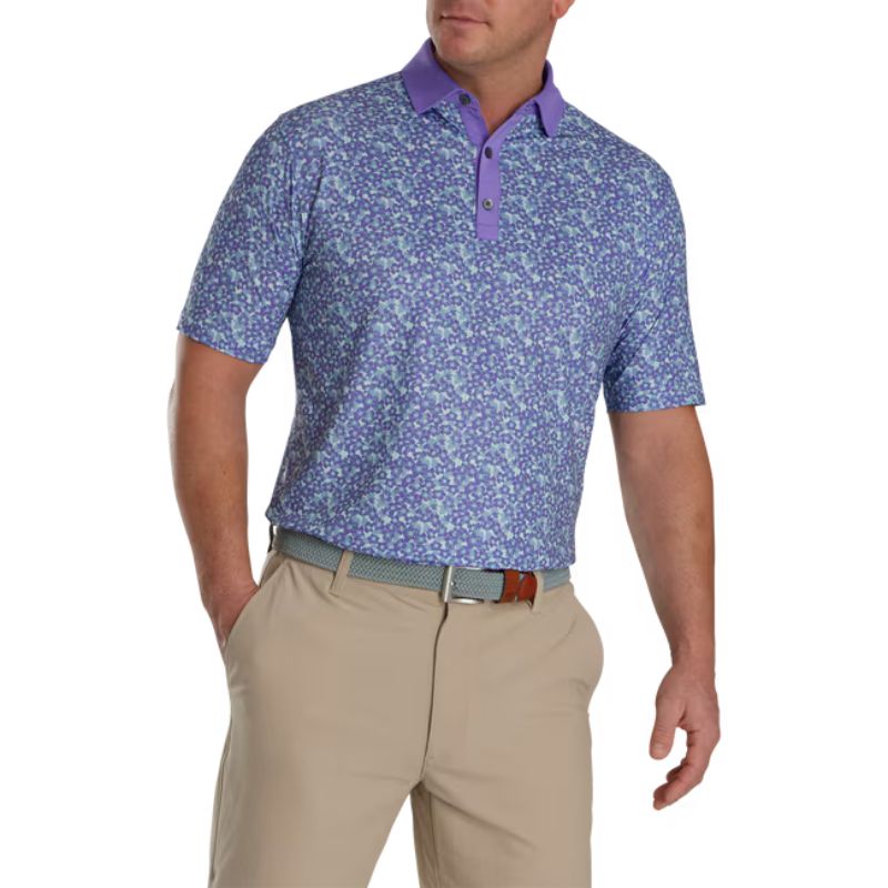 FootJoy Primrose Print Lisle Spread Collar Polo Thistle Storm Moss