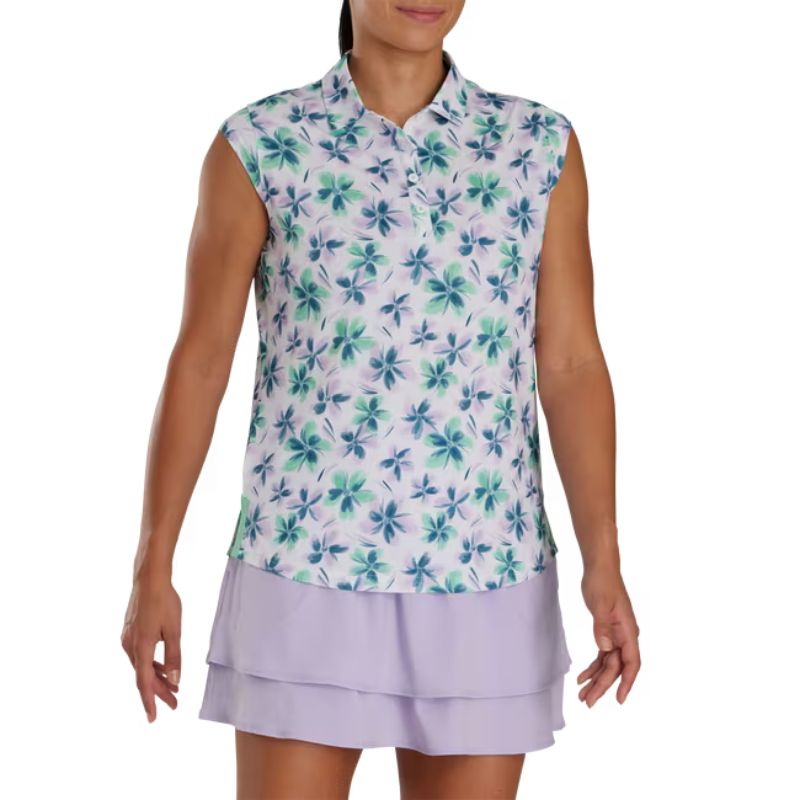 FootJoy Women&#39;s Cap Sleeve Floral Polo Women&#39;s Shirt Footjoy Lavender/Mint/Teal SMALL 