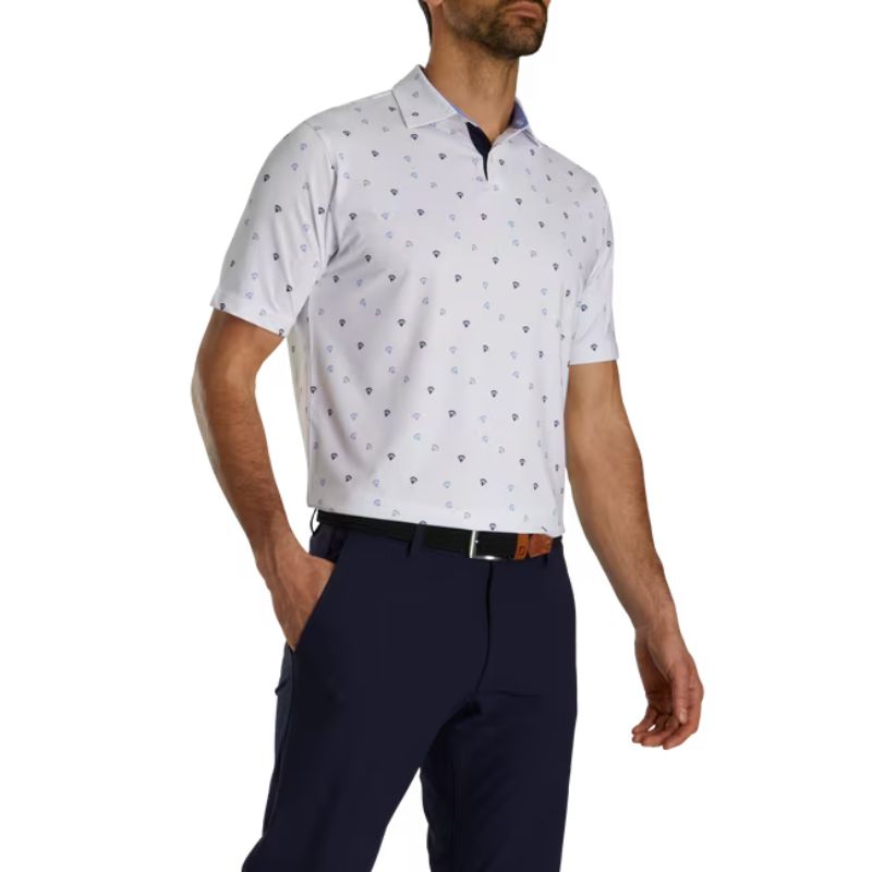 FootJoy Parachute Print Lisle Self Collar Polo - Previous Season Men&#39;s Shirt Footjoy White/Blue Violet/Navy/Grey MEDIUM 