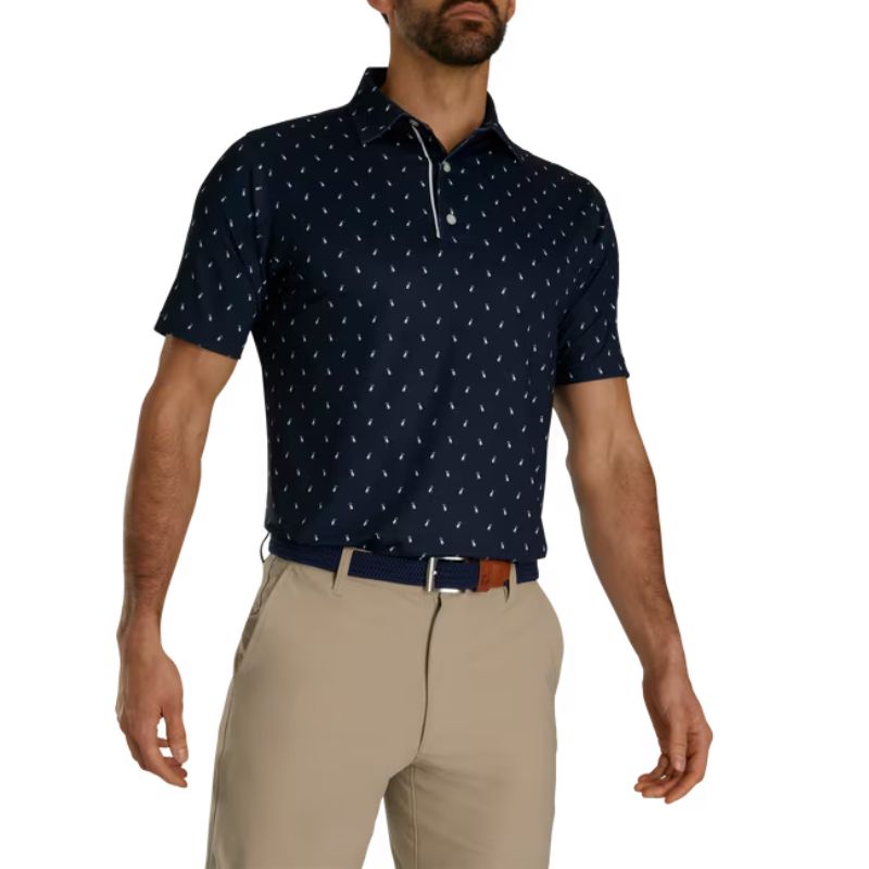 FootJoy Golf Bag Print Lisle Self Collar Polo - Previous Season Men&#39;s Shirt Footjoy Navy/White MEDIUM 