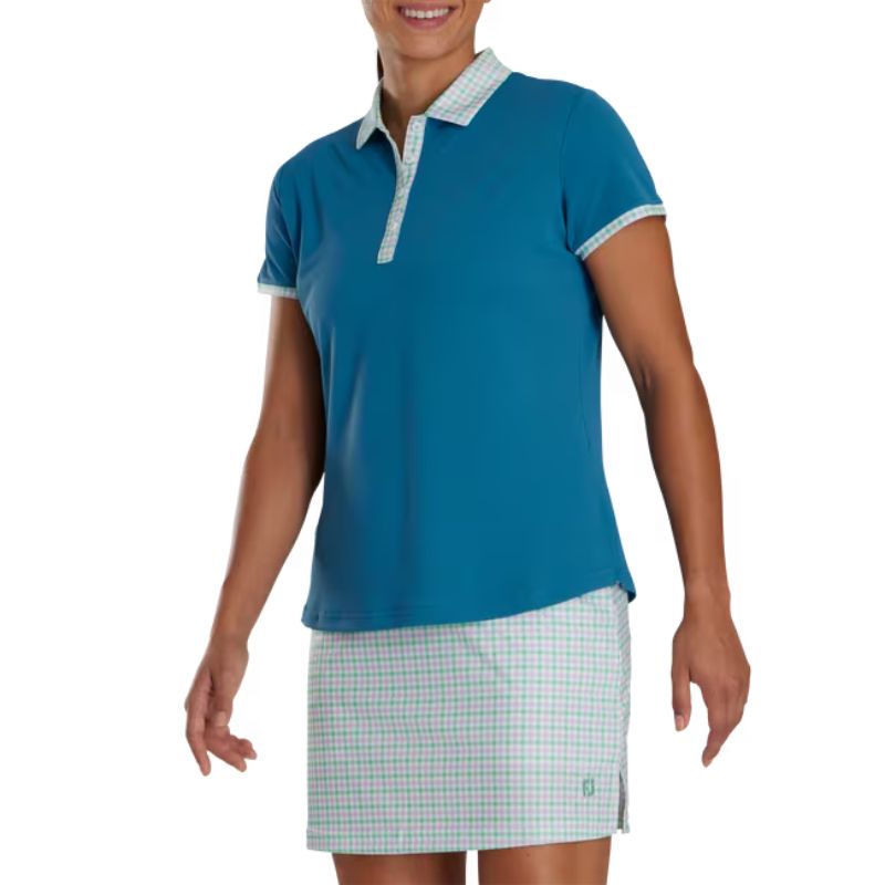 FootJoy Women&#39;s Short Sleeve Gingham Trim Polo Women&#39;s Shirt Footjoy Teal SMALL 