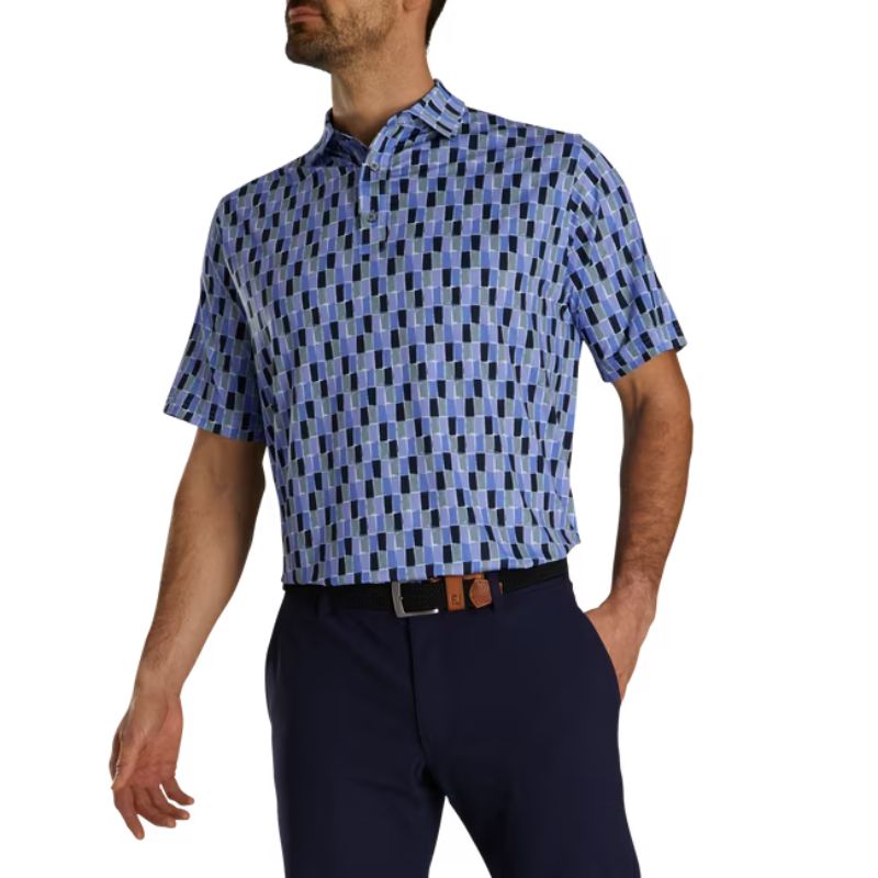 FootJoy Painted Tile Lisle Self Collar Polo - Previous Season Men&#39;s Shirt Footjoy Navy/Blue Violet/Grey MEDIUM 
