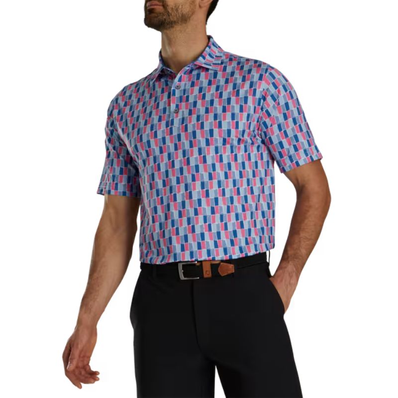 FootJoy Painted Tile Lisle Self Collar Polo - Previous Season Men&#39;s Shirt Footjoy Sapphire/Rose/Mist MEDIUM 