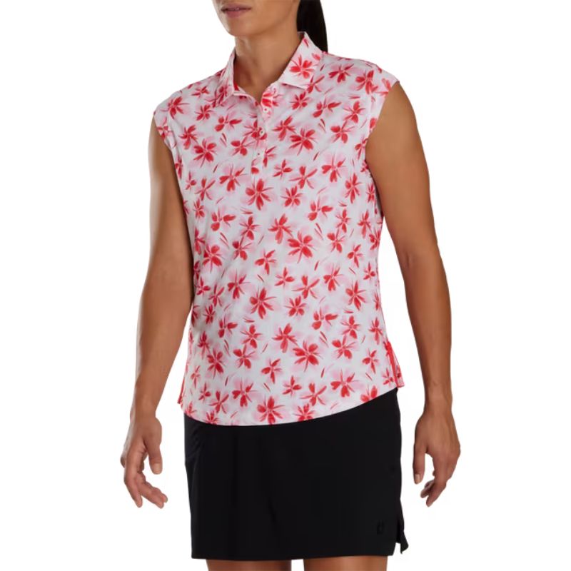 FootJoy Women&#39;s Cap Sleeve Floral Polo Women&#39;s Shirt Footjoy Pink/Red SMALL 