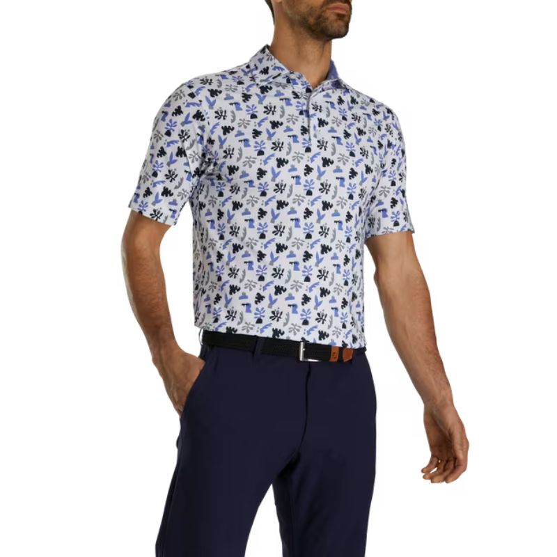 FootJoy Jungle Leaves Lisle Self Collar Polo - Previous Season Men&#39;s Shirt Footjoy White/Blue Violet/Navy/Grey MEDIUM 