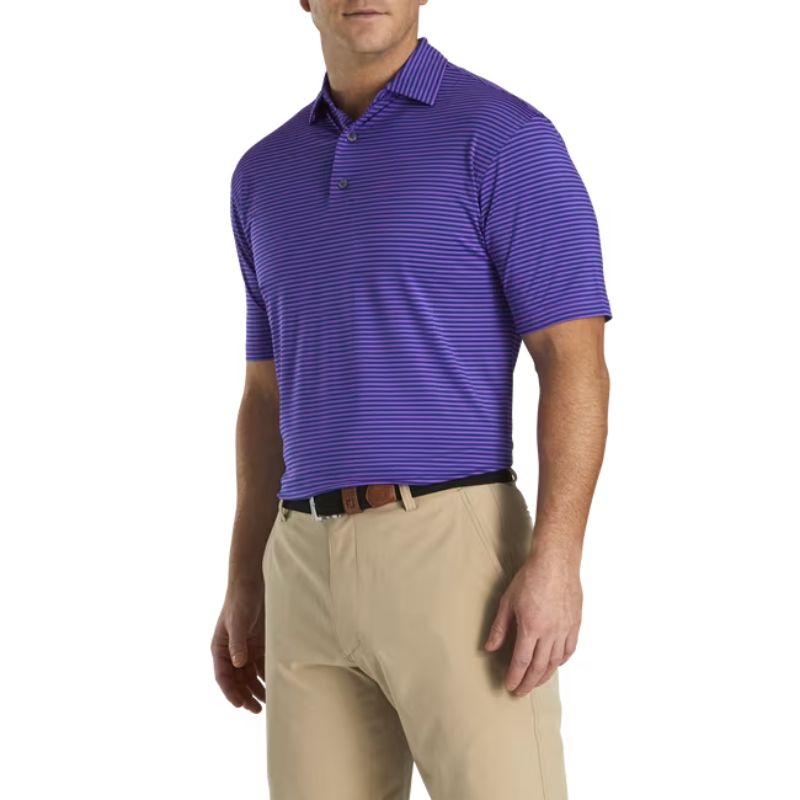 FootJoy Lisle Feeder Stripe Self Collar Polo - Previous Season Style Men&#39;s Shirt Footjoy Deep Blue/Soft Purple SMALL 