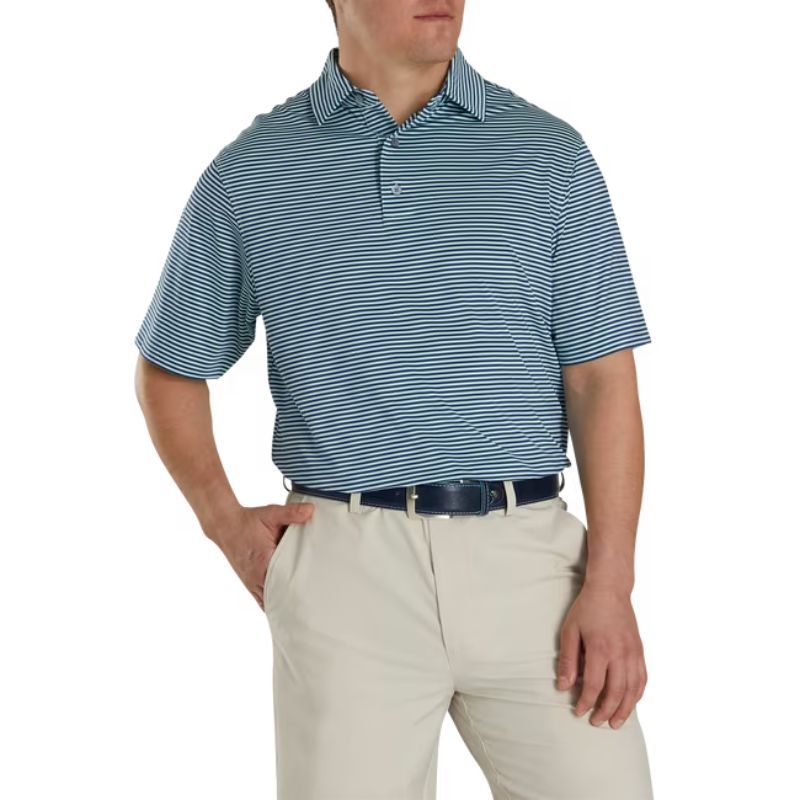 FootJoy Lisle Feeder Stripe Self Collar Polo - Previous Season Style Men&#39;s Shirt Footjoy Deep Blue/Mint SMALL 