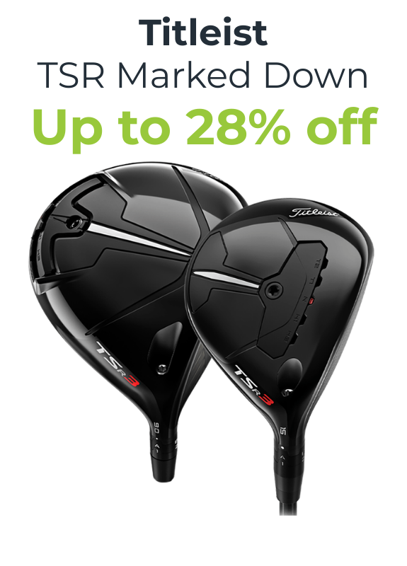 Two Titleist TSR golf clubs with promotional text on a white background