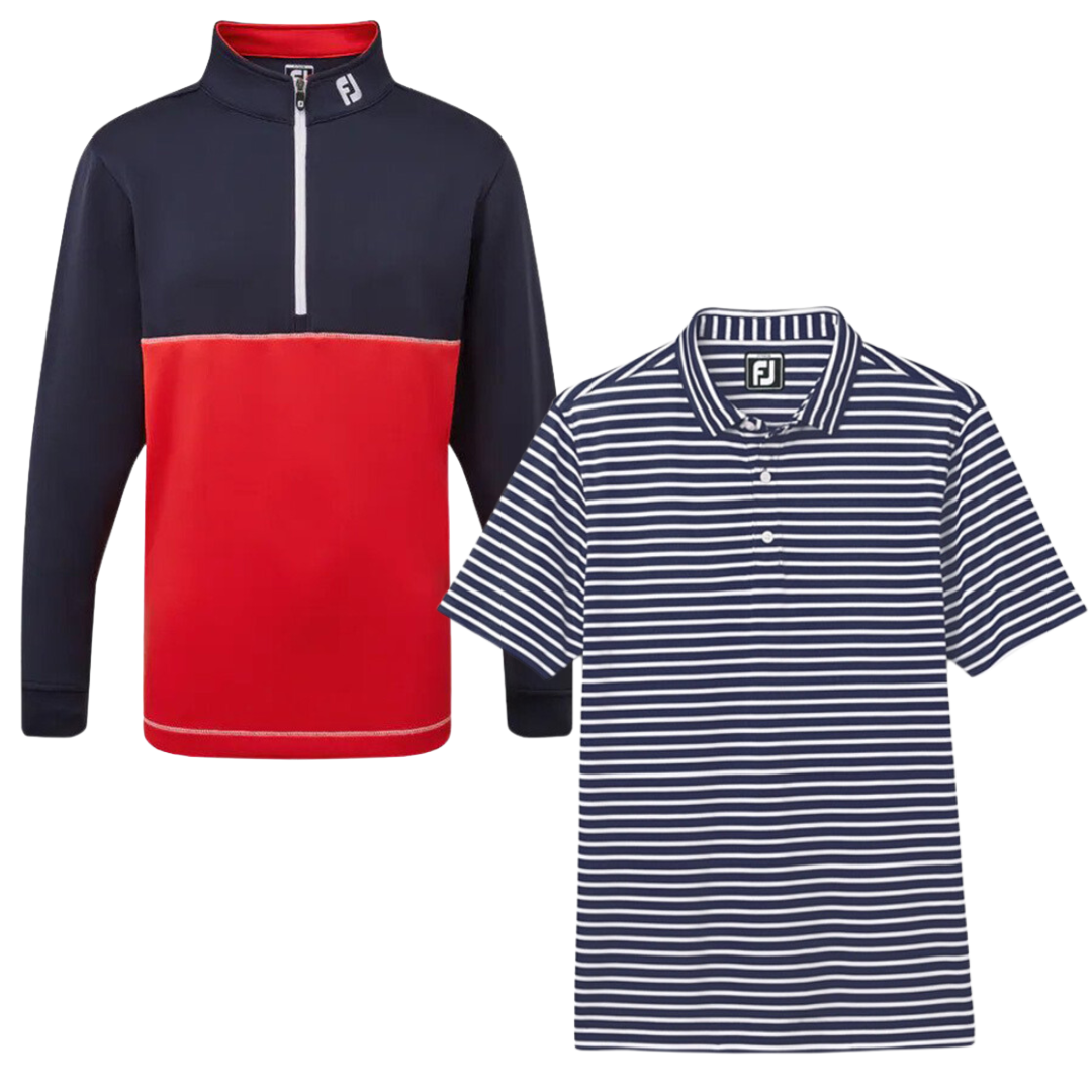 FootJoy Junior Colour Block Chill-Out 1/4 Zip &amp; Striped Pique Self Collar Polo Bundle Kid&#39;s Sweater Footjoy Navy/Red/Navy SMALL 
