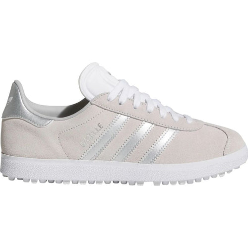 adidas Women's Gazelle Spikeless Golf Shoes Crystal White Silver Metallic Grey Two Medium