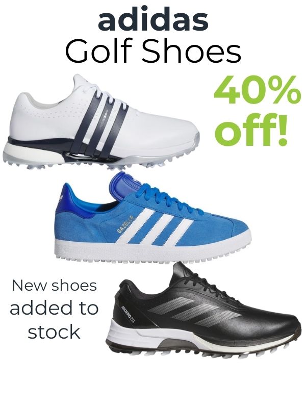Three pairs of Adidas golf shoes with promotional text on a white background