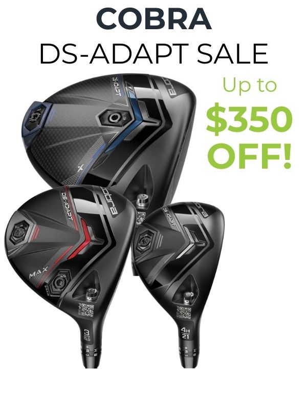 Three Cobra golf club heads on a white background with promotional text.