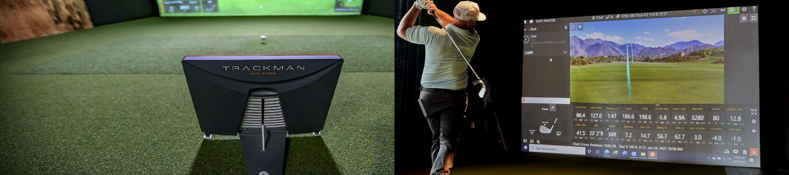 A man swinging a golf club into a golf simulator as part of a custom club fitting with a trackman launch monitor on the ground
