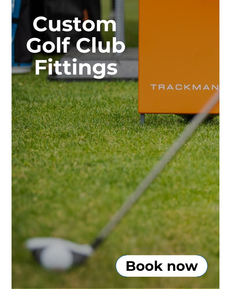 a golf club sitting behind a golf ball with a trackman simulator directly behind it and a promotional text for custom golf club fittings