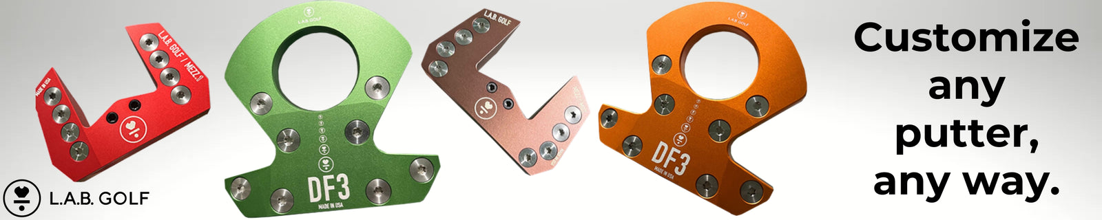 four L.A.B. Golf putters with text promoting the ability to customize any lab putter on our website with the lab logo