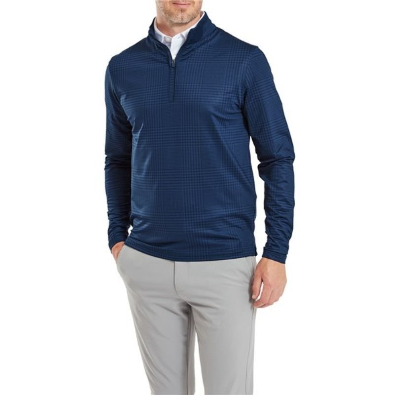 FootJoy Glen Plaid Printed Jersey Mid-Layer 1/4 Zip Navy