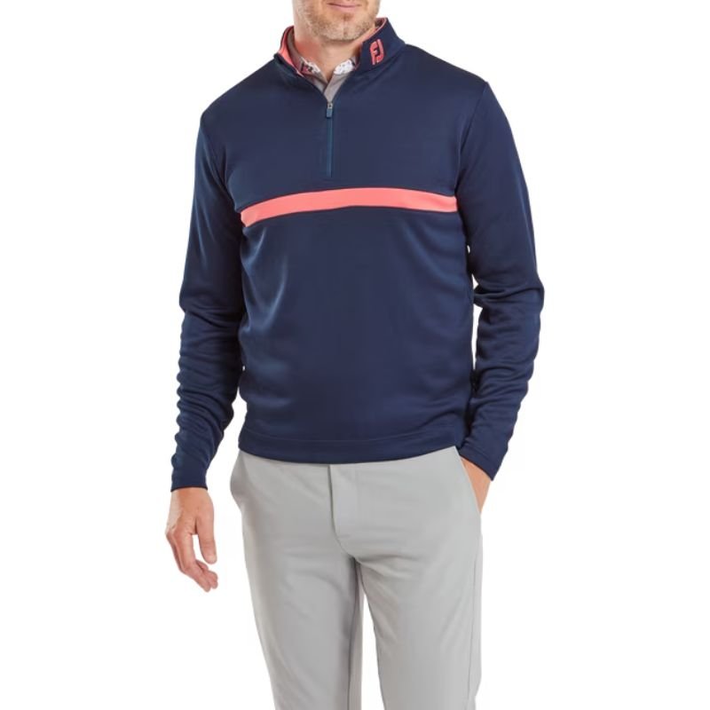FootJoy Inset Stripe Mid-Layer Flat Back Rib 1/4 Zip Navy Coral Red