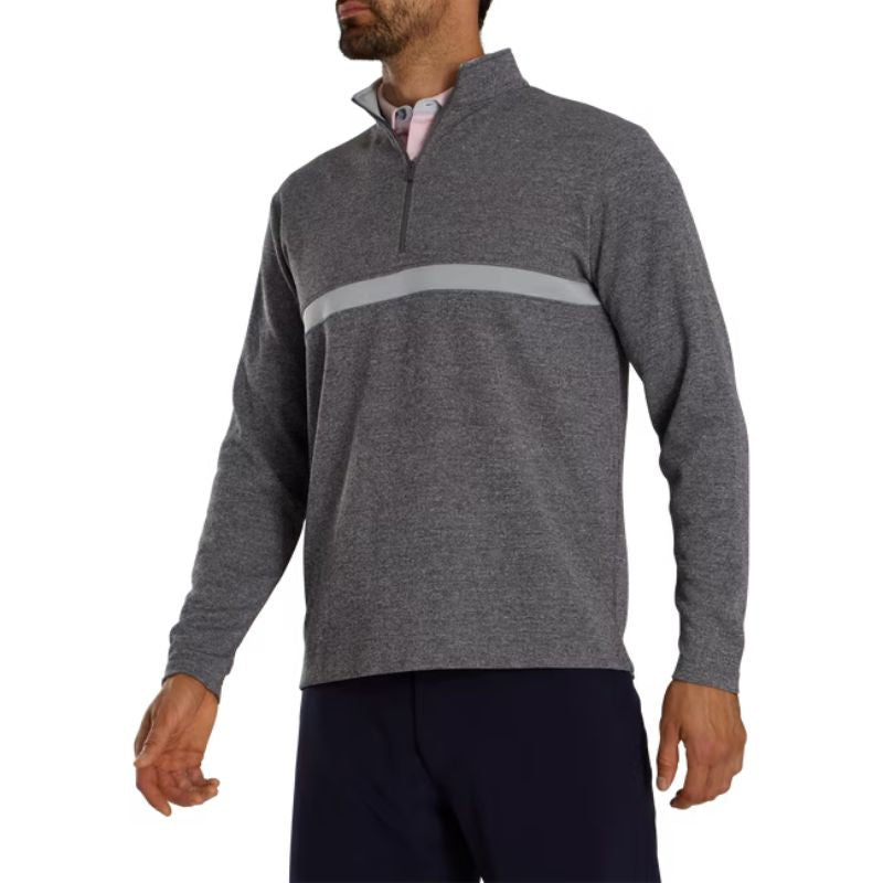 FootJoy Inset Stripe Mid-Layer Flat Back Rib 1/4 Zip Heather Gravel Heather Grey Cliff