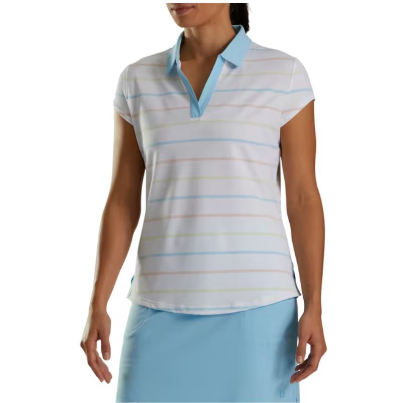 FootJoy Women's Cap Sleeve Birdseye Stripe Polo - Previous Season White Blue