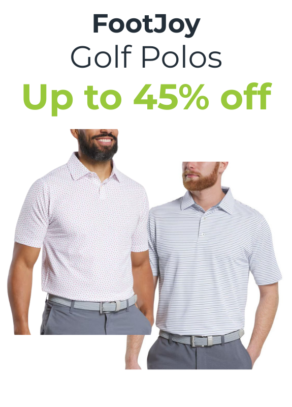 Two men wearing FootJoy golf polos with promotional text on a white background