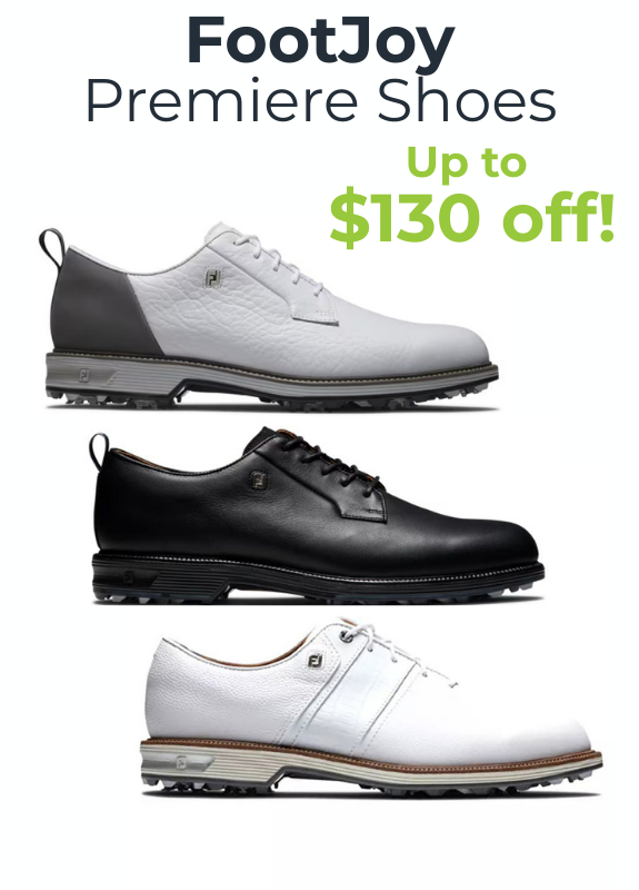 3 models of footjoy premiere golf shoes on white backround