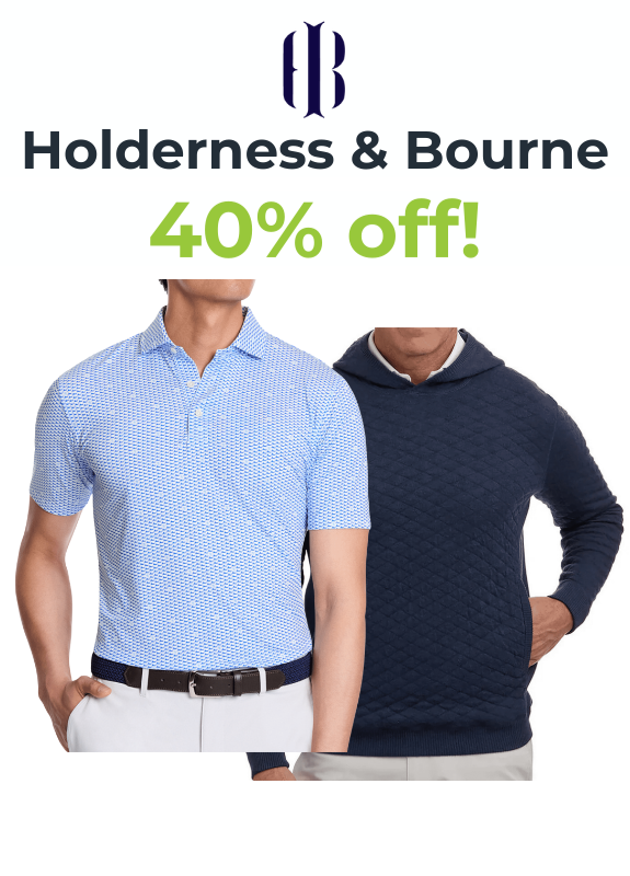 Two men wearing a blue patterned polo shirt and navy quilted hoodie with Holderness & Bourne branding and 40% off offer.