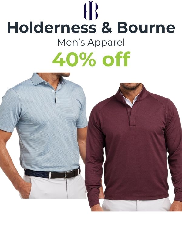 Two men wearing polo shirts with Holderness & Bourne branding and a 40% off discount offer.