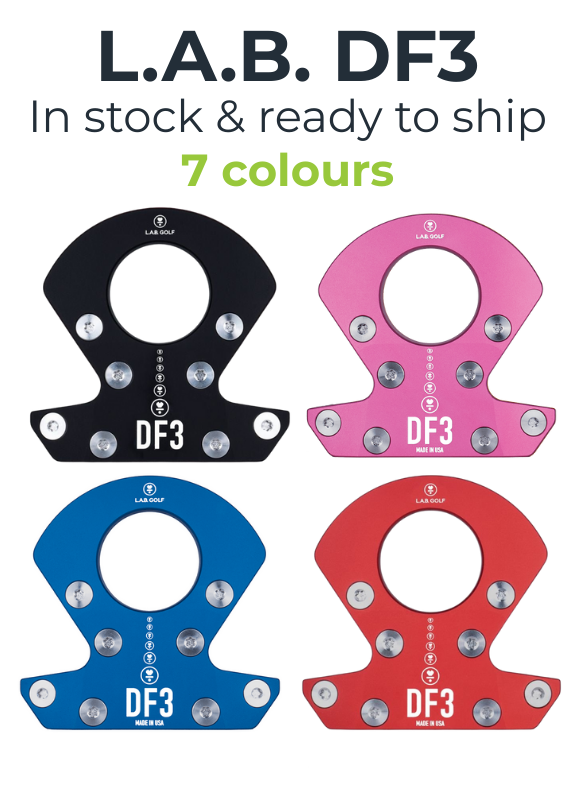 Four L.A.B. DF3 products in black, pink, blue, and red on a white background.