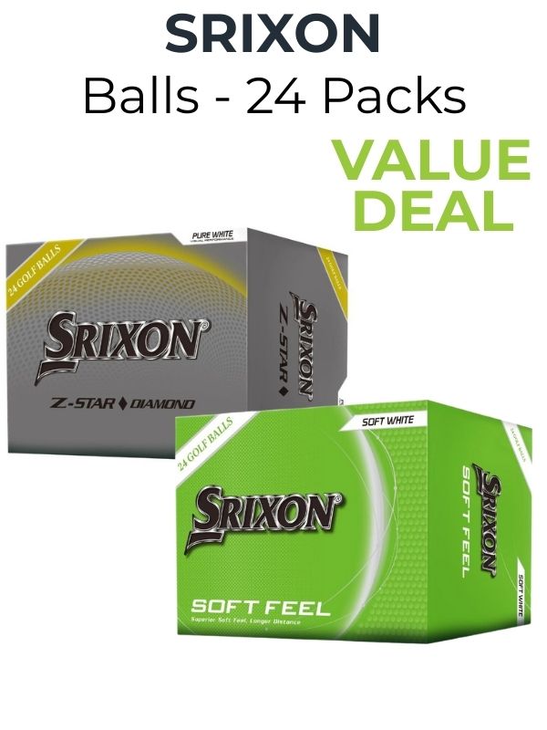Two Srixon golf ball boxes with text indicating a value deal on a white background
