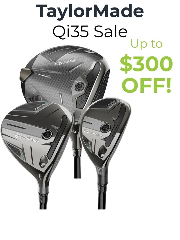 TaylorMade Qi35 golf clubs with promotional text on a white background