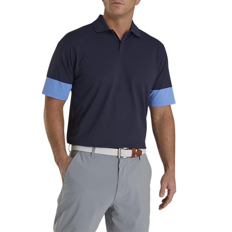 FootJoy Athletic Fit Pique Block Sleeve Knit Collar - Previous Season Style Men&#39;s Shirt Footjoy Navy SMALL 